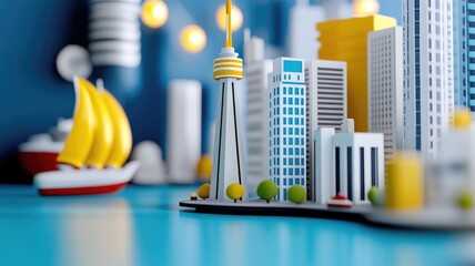 Colorful miniature cityscape with modern buildings and boat