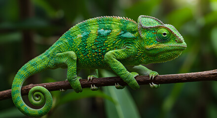 Fototapeta premium Green Chameleon on Branch in Forest Habitat