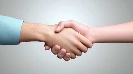 Close up of two hands shaking, light gray background, textured hands, light blue textured sleeve