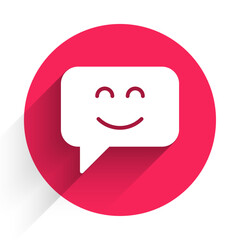 White Smile face icon isolated with long shadow background. Smiling emoticon. Happy smiley chat symbol. Red circle button. Vector