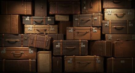 Vintage Luggage Stacked High Old Suitcases with Leather Straps