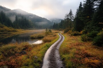 Scenic trail alongside a tranquil waterway in a misty forest during early morning hours