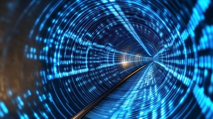 Digital tunnel effect, glowing blue and white light patterns, abstract, technology, futuristic, glowing, light trails, tunnel, data stream, binary