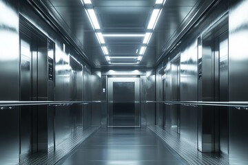 Obraz premium Modern Elevator Hallway Design: Sleek Metal Walls, Bright LED Lights, and Clean Lines Improve Building Aesthetics
