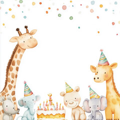 Naklejka premium Watercolor illustration of cute baby animals wearing birthday hats,cute animals watercolor, group of happy animals celebrating together, birthday celebration background