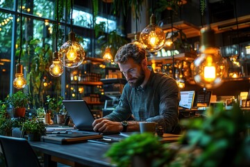 Fototapeta premium mobile business operations. A man working on a laptop in a cozy, plant-filled café.