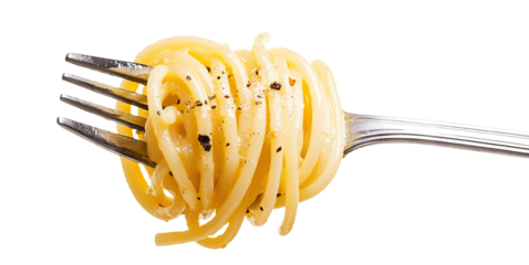 Delicious spaghetti wrapped around a fork with sauce, isolated on transparent cutout background