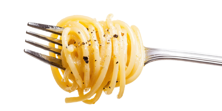 Delicious spaghetti wrapped around a fork with sauce, isolated on transparent cutout background