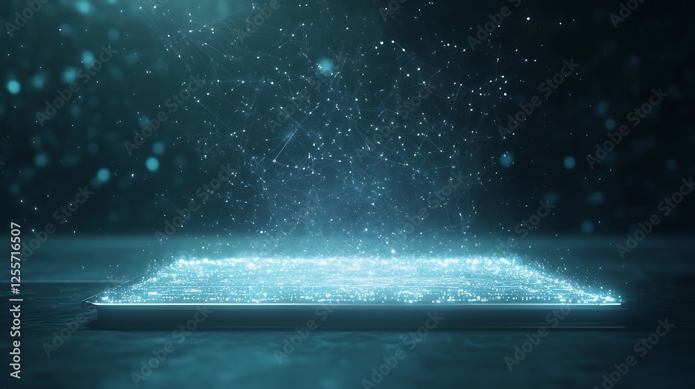 Poster A glowing, digital platform radiates light particles in a dark environment, suggesting advanced technology and a futuristic theme.