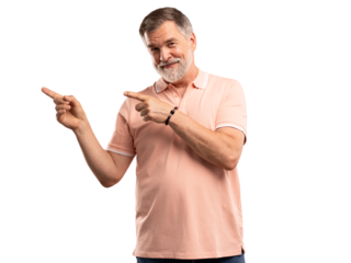 Happy mature business man entrepreneur, smiling older professional manager, confident businessman presenting ads advertising product or service isolated on transparent background.