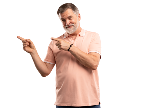 Happy mature business man entrepreneur, smiling older professional manager, confident businessman presenting ads advertising product or service isolated on transparent background.