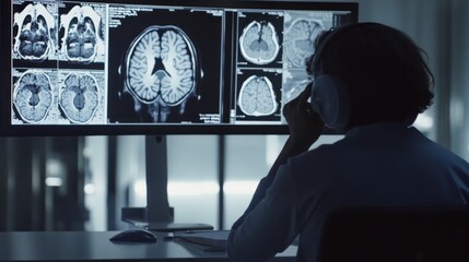 Neurologist analyzing brain scans on a computer screen in a dimly lit office