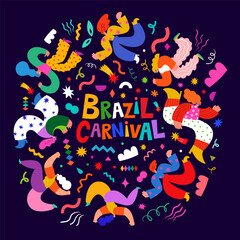 Beautiful holiday vector illustration with dancing people. Design for holiday celebration, Brazil Carnival or party