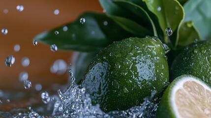 Fresh limes splashing in water with green leaves in the background, creating a refreshing scene