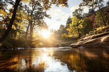 Fototapeta premium Sunlight streams through trees over a serene river in nature during golden hour