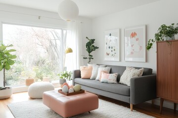 Fototapeta premium Vibrant Mid-Century Modern Easter Living Room with Vintage Flair and Egg Decor