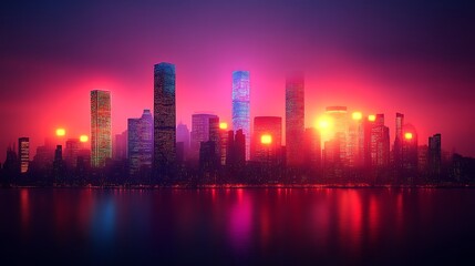 Illuminated Cityscape at Sunset Over Water