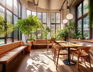 Obraz premium cozy sunlit cafe interior with wooden furniture inviting atmosphere and greenery accents