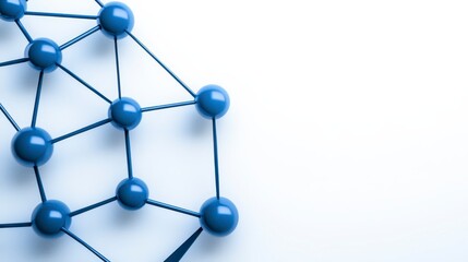Fototapeta premium Abstract network graphic with interconnected dark blue spheres connected by thin dark blue lines on a plain white background, showcasing a complex