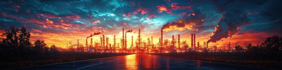 Obraz premium Industrial Sunset Landscape Roadway Factory