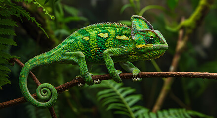Fototapeta premium Green Chameleon on Branch in Jungle Foliage