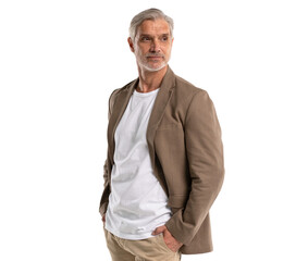 Serious middle-aged man posing on transparent background 