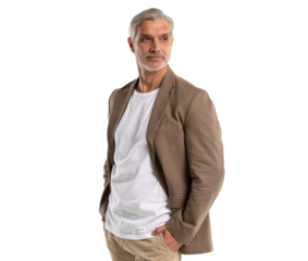 Serious middle-aged man posing on transparent background 