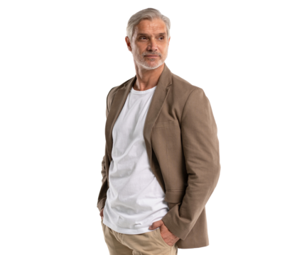Serious middle-aged man posing on transparent background 