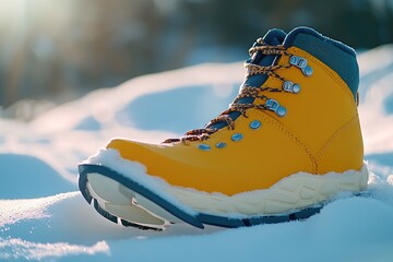 A pair of bright yellow boots sitting in the snowy terrain, perfect for winter scenes or outdoor activities