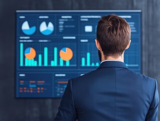 A businessman analyzes data on a screen, featuring various graphs and charts, showcasing analytical skills and decision-making.