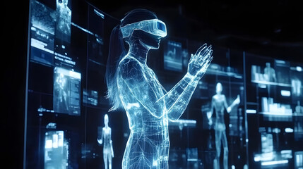 Woman in futuristic suit stands before wall of digital images showcasing technology and innovation