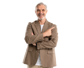 Smiling mature 40s old businessman with grey hair beard in casual, pointing at copy space for promo advertising. Businessman standing gesturing hand isolated on transparent background, looking camera
