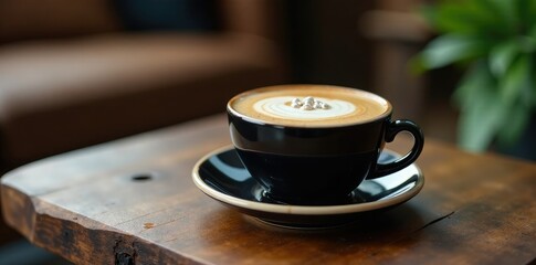 Black bubble pearl topped coffee on wooden table, coffee table, rustic decor