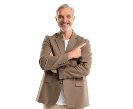 Smiling mature 40s old businessman with grey hair beard in casual, pointing at copy space for promo advertising. Businessman standing gesturing hand isolated on transparent background, looking camera - Powered by Adobe