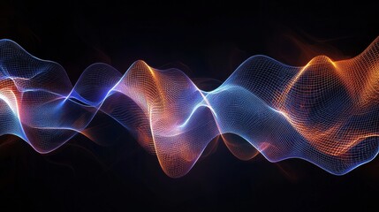 Abstract swirling wave patterns formed by glowing, colorful points of light against a dark background. Vibrant orange and blue hues create a dynamic visual effect.