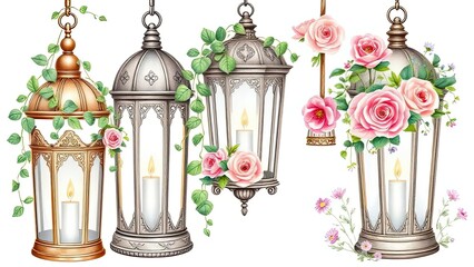 Obraz premium Elegant Hanging Lanterns with Pink Roses and Candles Romantic Floral Decor