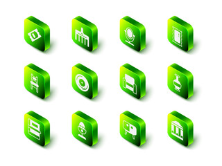 Set Hairbrush, Round makeup mirror, Big full length, Ancient amphorae, Museum building, Armchair, TV table stand and Chicken egg on icon. Vector