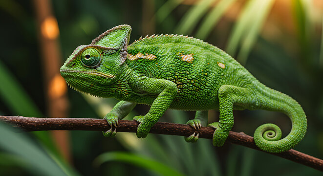 Green Chameleon on Branch in Jungle