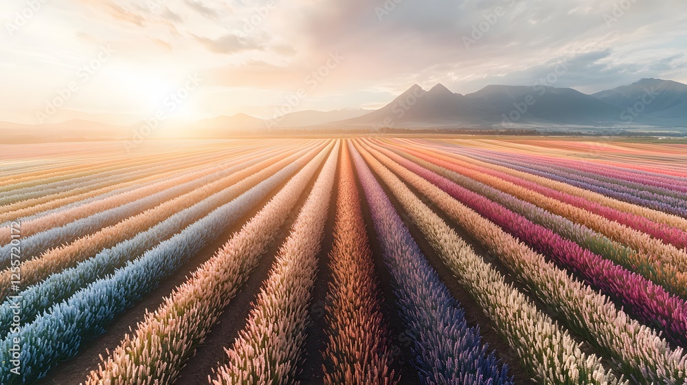 Poster vibrant aerial view of colorful flower fields, symmetrical rows glowing under a bright sunny sky, ci