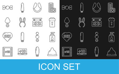 Set line Condom, Personal lubricant, Vagina masturbator, Dildo vibrator, Mask with long bunny ears, Anal plug, Silicone ball gag belt and Sex shop icon. Vector