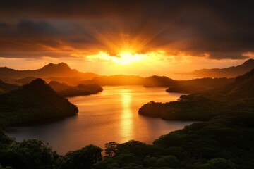 Sunset over tranquil waterway surrounded by lush hills and dramatic sky in a remote location