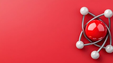 Red sphere atom model graphic, with connecting white metal wires and smaller white spheres. Modern, minimalist design, bright red background. 
