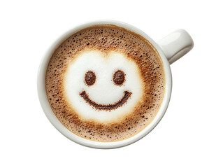 Top view of a coffee cup with frothy smiling face, isolated on transparent cutout background
