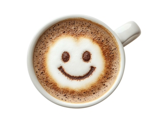 Top view of a coffee cup with frothy smiling face, isolated on transparent cutout background