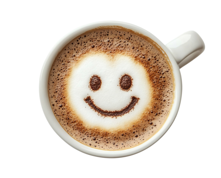 Top view of a coffee cup with frothy smiling face, isolated on transparent cutout background