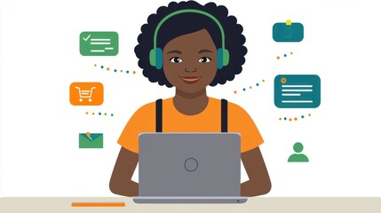 Cheerful Woman with Headphones Working on Laptop in a Colorful Digital Workspace