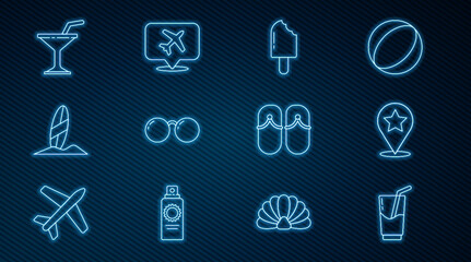 Set line Cocktail and alcohol drink, Map pointer with star, Ice cream, Glasses, Surfboard, Martini glass, Flip flops and Speech bubble airplane icon. Vector