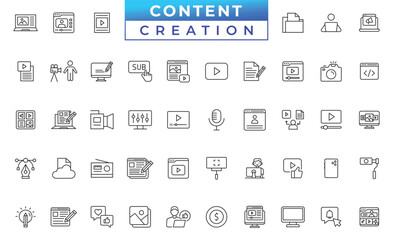 Content creation line icons set. Related social media, video editing, photography, graphic design, writing, podcasting, and more vector illustration.