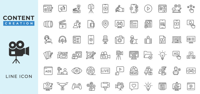 Content creation line icons set. Related social media, video editing, photography, graphic design, writing, podcasting, and more vector illustration.