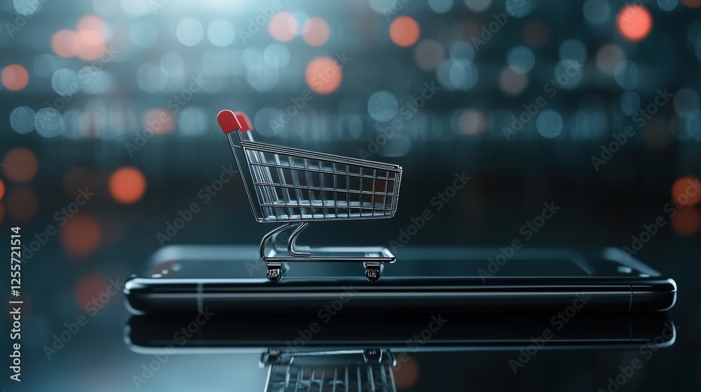 Poster shopping cart model on smartphone with blurred background lights